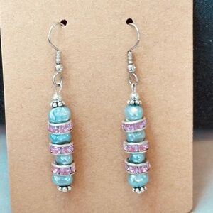 Stainless Steel Genuine Freshwater Light Blue Pearls 4ea w/Pink Crystals